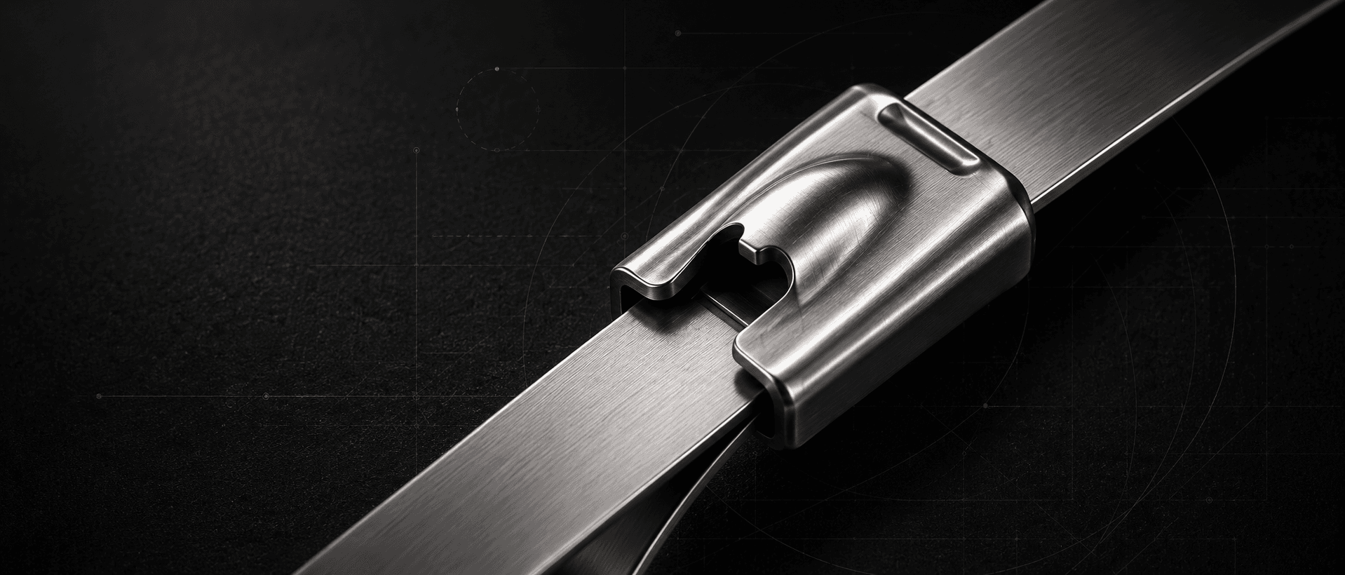 Close-up of a stainless steel cable tie locking mechanism