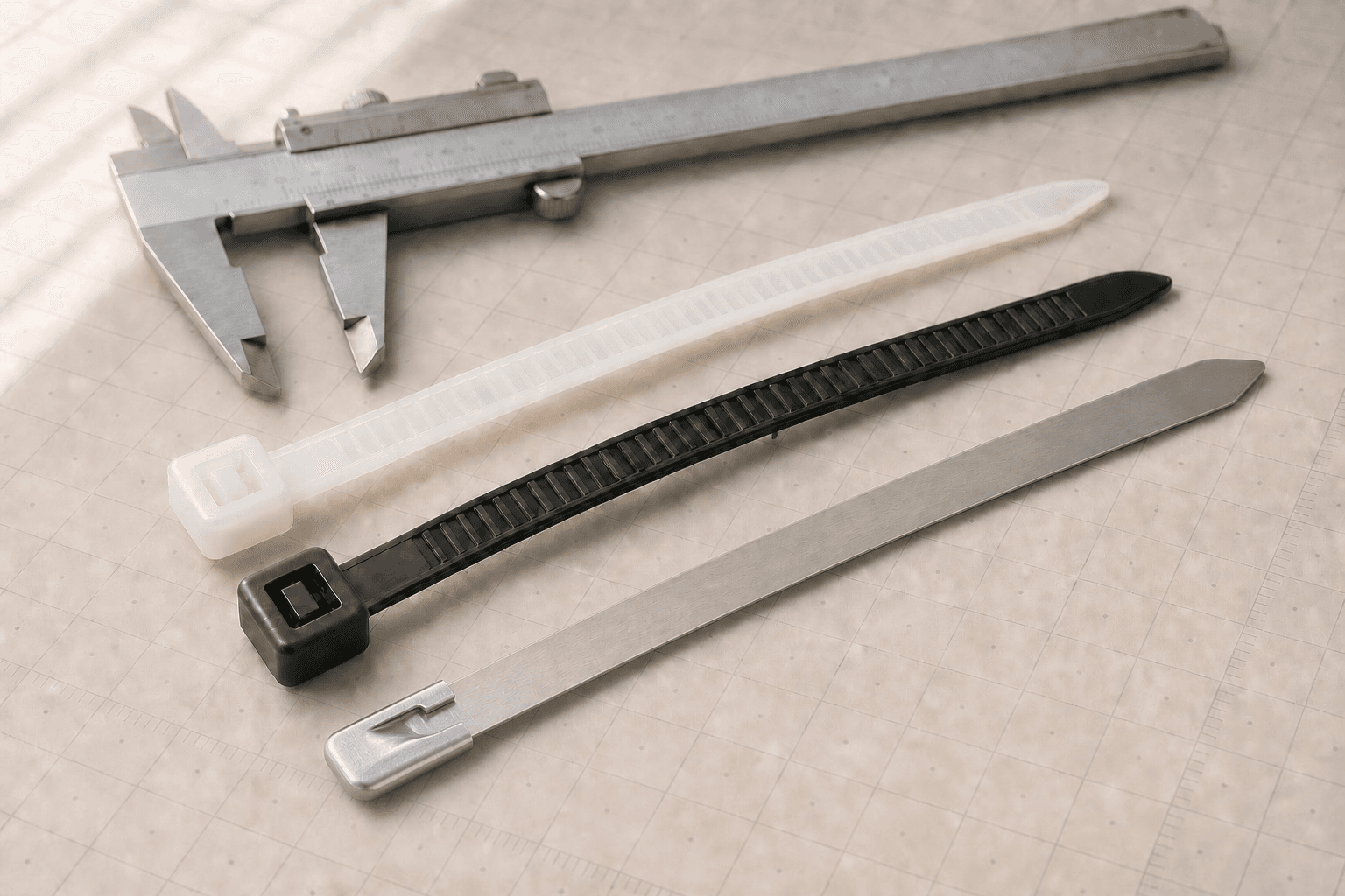 Natural Nylon 66, black UV-resistant Nylon 66, and stainless-steel cable ties arranged together for dimensional inspection